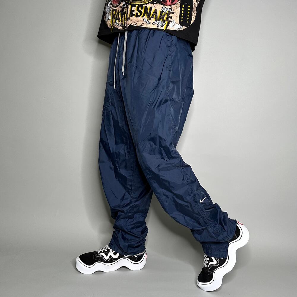 Vintage Y2K Nike Track Pants Mens XL Navy Blue Nylon Sweatpants White Swoosh